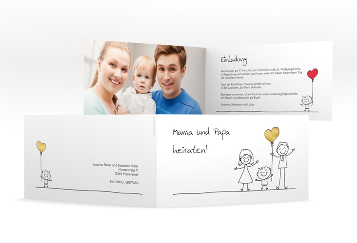 Hochzeitseinladung Family lange Klappkarte quer weiss gold