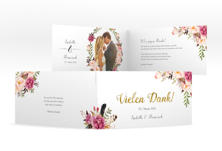 Danksagungskarte Hochzeit Flowers lange Klappkarte quer weiss gold mit bunten Aquarell-Blumen