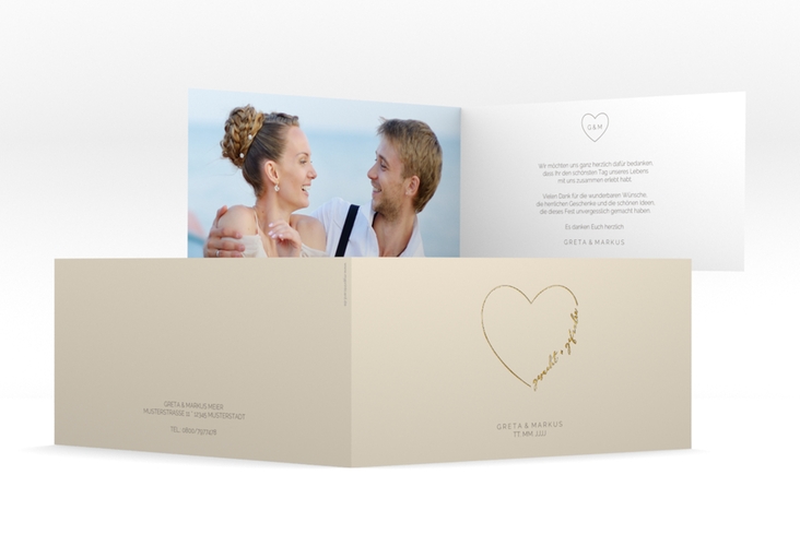 Danksagungskarte Hochzeit Lebenstraum lange Klappkarte quer beige gold