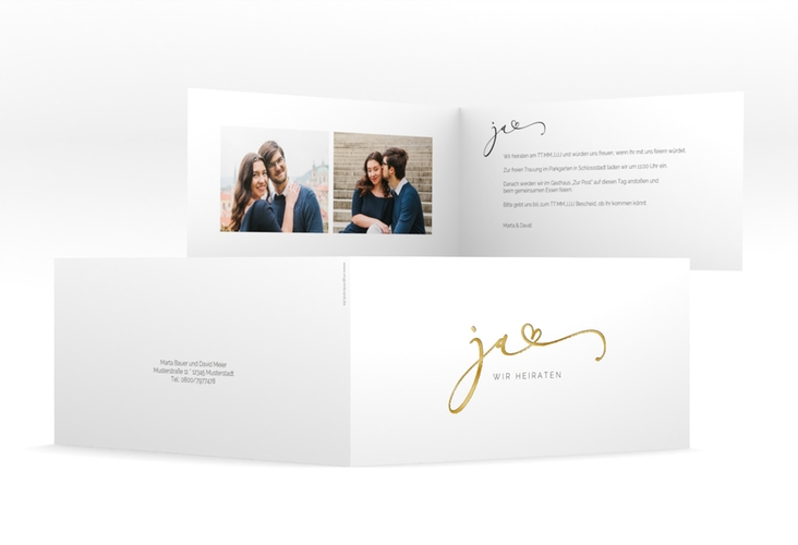 Hochzeitseinladung Jawort lange Klappkarte quer weiss gold modern minimalistisch mit veredelter Aufschrift