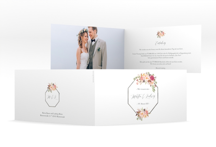 Hochzeitseinladung Prachtvoll lange Klappkarte quer weiss silber