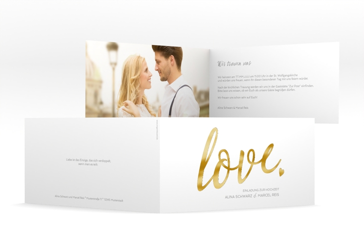 Hochzeitseinladung Glam lange Klappkarte quer weiss gold