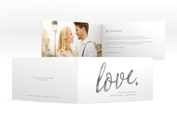 Hochzeitseinladung Glam lange Klappkarte quer weiss silber