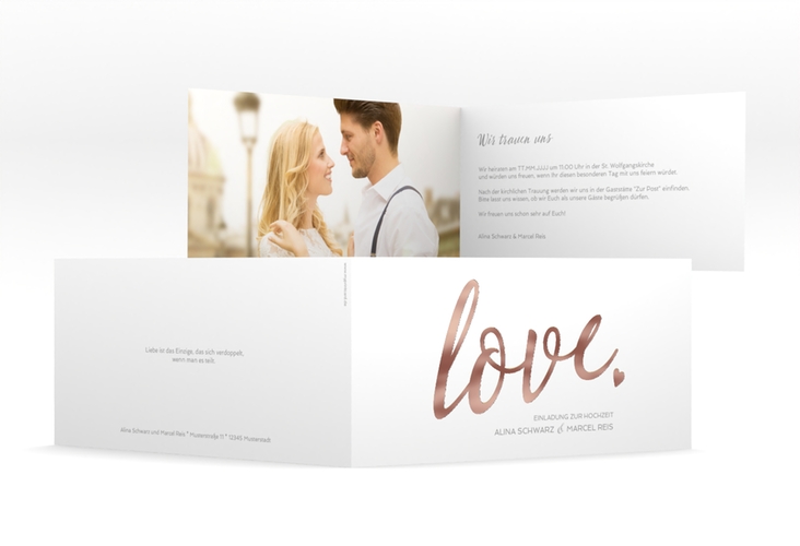 Hochzeitseinladung Glam lange Klappkarte quer weiss rosegold