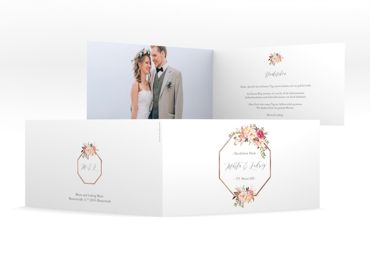 Danksagung Hochzeit Prachtvoll lange Klappkarte quer weiss rosegold