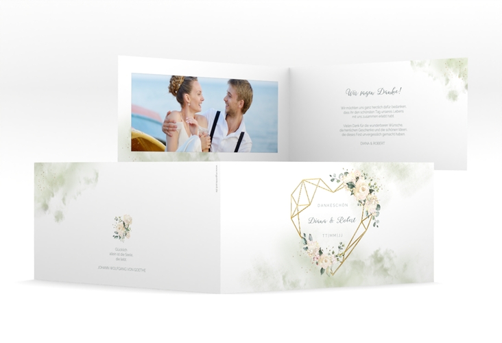 Dankeskarte Hochzeit Adore lange Klappkarte quer gruen gold