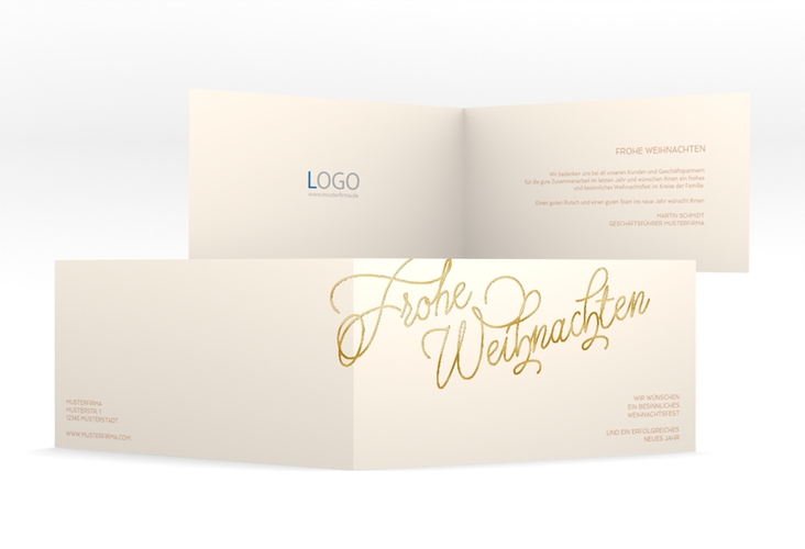 Geschäftliche Weihnachtskarte Beschwingt lange Klappkarte quer beige gold