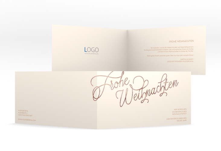 Geschäftliche Weihnachtskarte Beschwingt lange Klappkarte quer beige rosegold