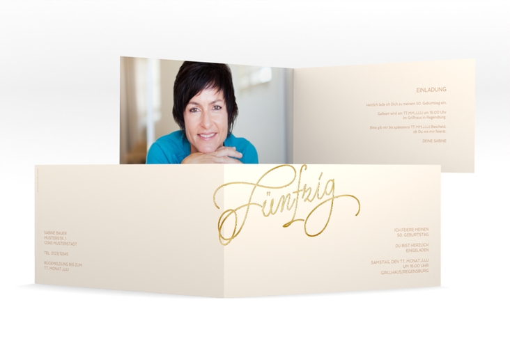 Einladung 50. Geburtstag Schwungvoll lange Klappkarte quer beige gold