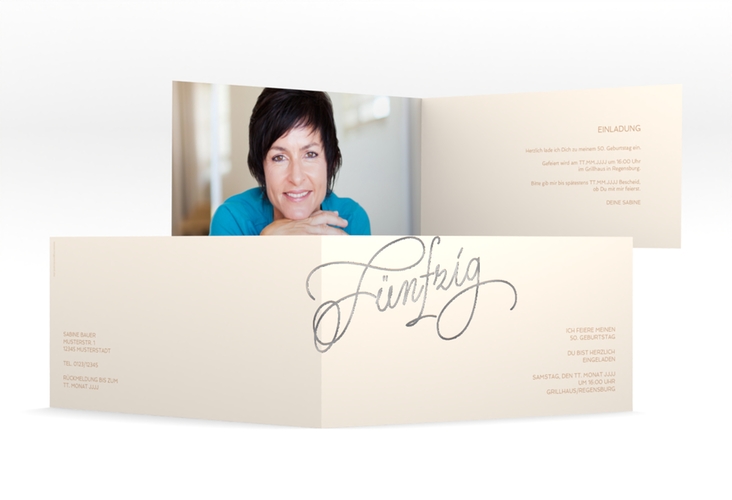 Einladung 50. Geburtstag Schwungvoll lange Klappkarte quer beige silber
