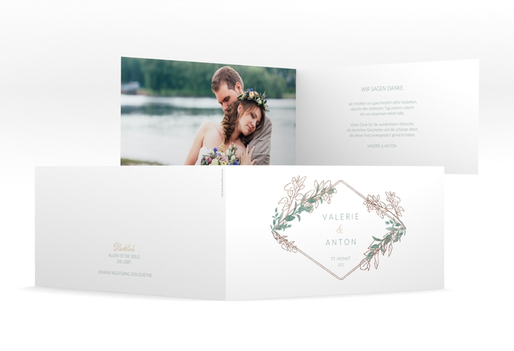 Danksagungskarte Hochzeit Verde lange Klappkarte quer weiss rosegold