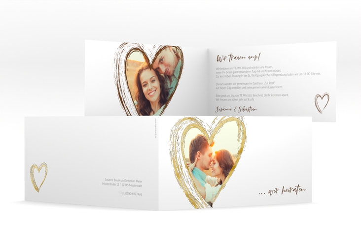 Hochzeitseinladung Liebe lange Klappkarte quer braun gold