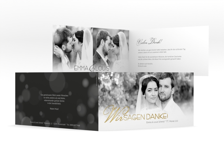 Danksagung Hochzeit Bokeh lange Klappkarte quer weiss gold