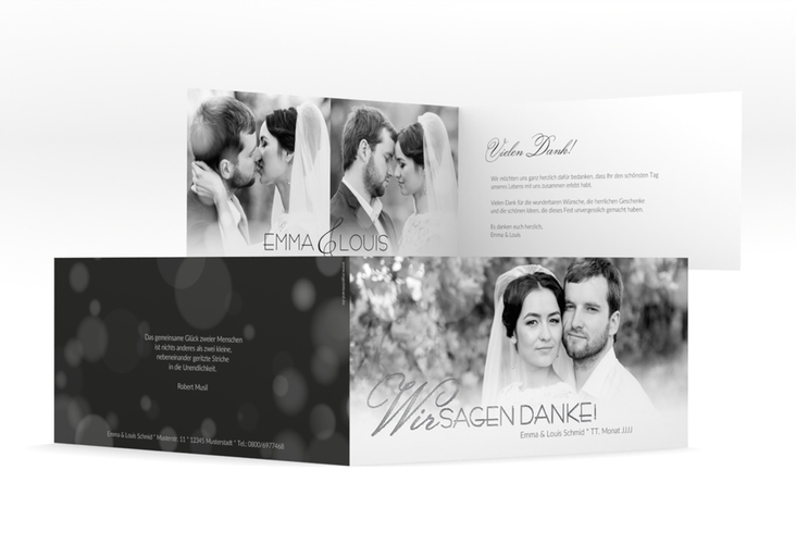 Danksagung Hochzeit Bokeh lange Klappkarte quer weiss silber