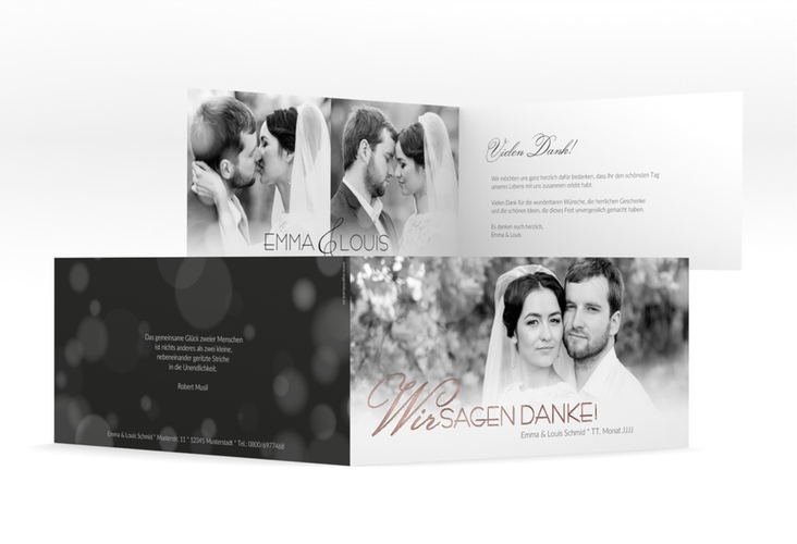 Danksagung Hochzeit Bokeh lange Klappkarte quer weiss rosegold