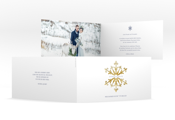 Danksagungskarte Hochzeit Crystal lange Klappkarte quer weiss gold mit Eiskristall