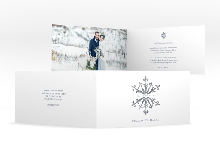 Danksagungskarte Hochzeit Crystal lange Klappkarte quer weiss silber mit Eiskristall