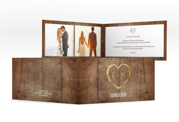 Danksagungskarte Hochzeit Wood lange Klappkarte quer braun gold