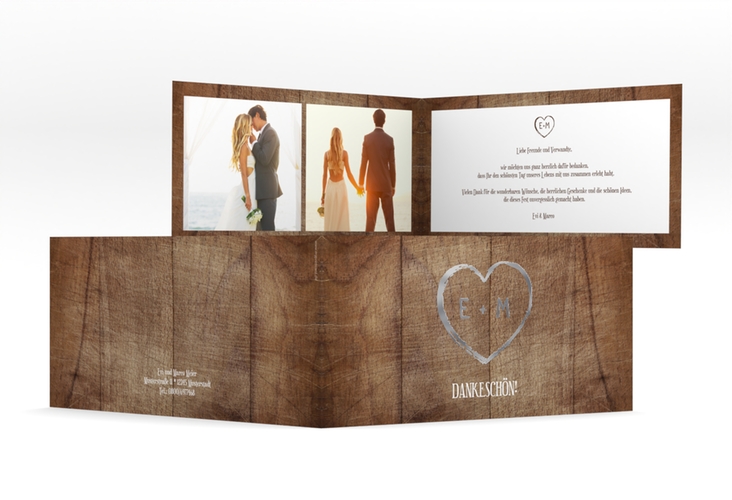 Danksagungskarte Hochzeit Wood lange Klappkarte quer braun silber