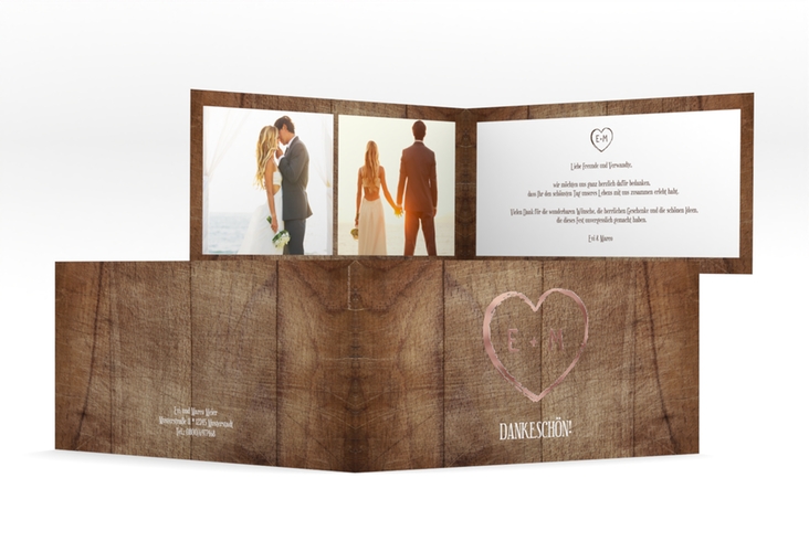 Danksagungskarte Hochzeit Wood lange Klappkarte quer braun rosegold