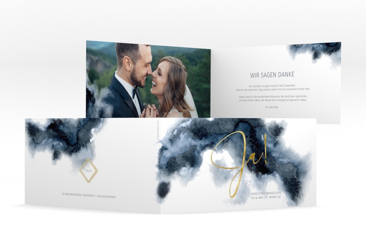 Danksagungskarte Hochzeit Aquarellic lange Klappkarte quer weiss gold