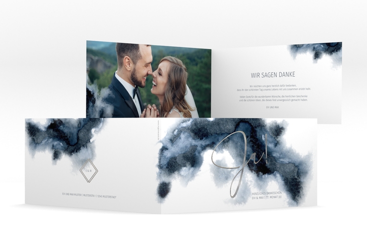 Danksagungskarte Hochzeit Aquarellic lange Klappkarte quer weiss silber