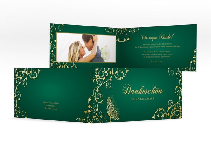Danksagungskarte Hochzeit Eternity lange Klappkarte quer gruen gold