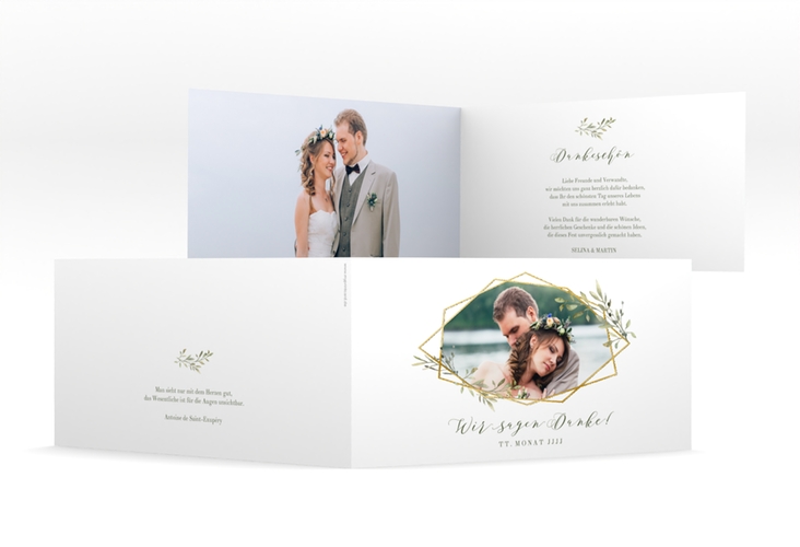 Danksagungskarte Hochzeit Acacia lange Klappkarte quer weiss gold