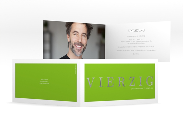 Einladung 40. Geburtstag Schlicht lange Klappkarte quer gruen silber