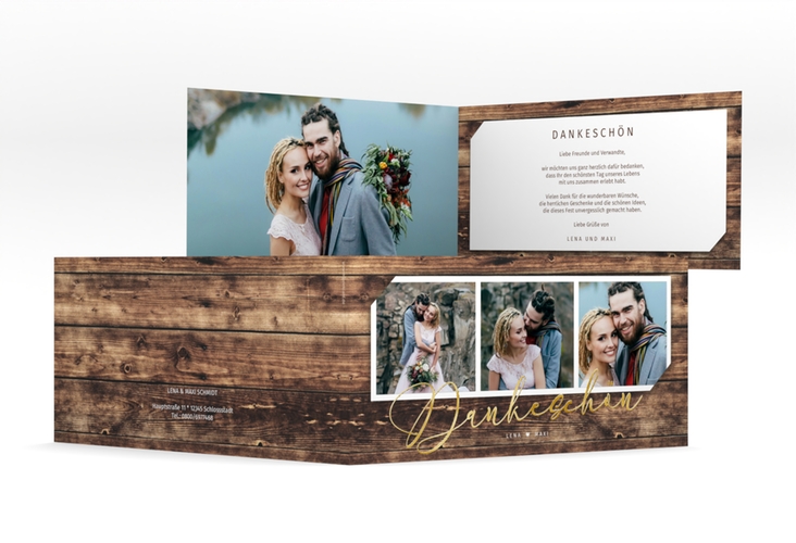 Dankeskarte Hochzeit Rustic lange Klappkarte quer braun gold