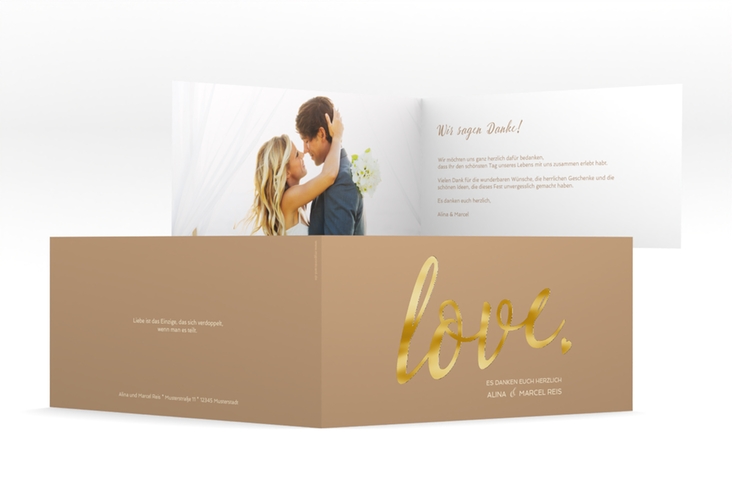 Danksagung Hochzeit Glam lange Klappkarte quer beige gold