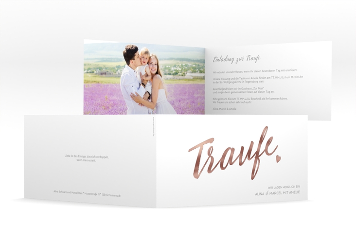 Hochzeitseinladung Traufe lange Klappkarte quer weiss rosegold