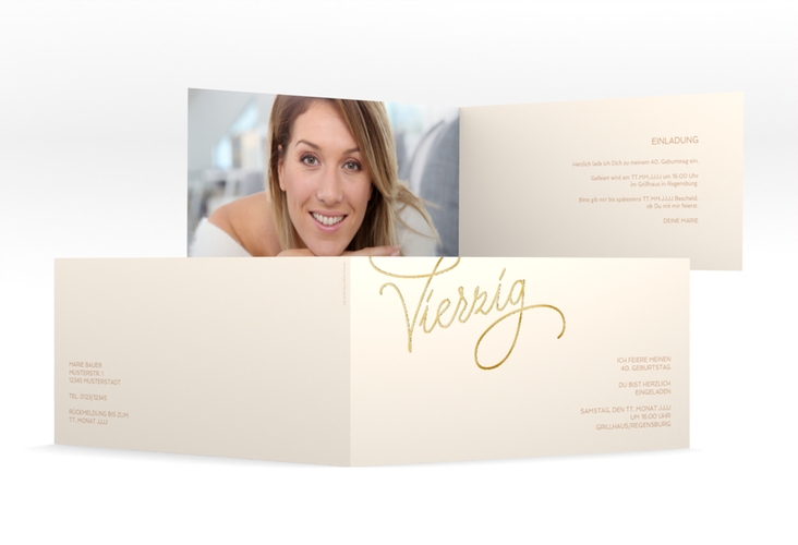 Einladung 40. Geburtstag Schwungvoll lange Klappkarte quer beige gold