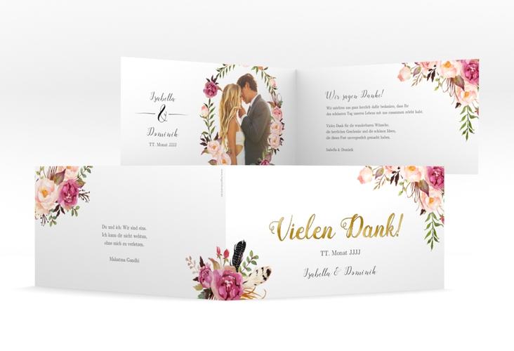 Danksagungskarte Hochzeit Flowers lange Klappkarte quer weiss gold mit bunten Aquarell-Blumen