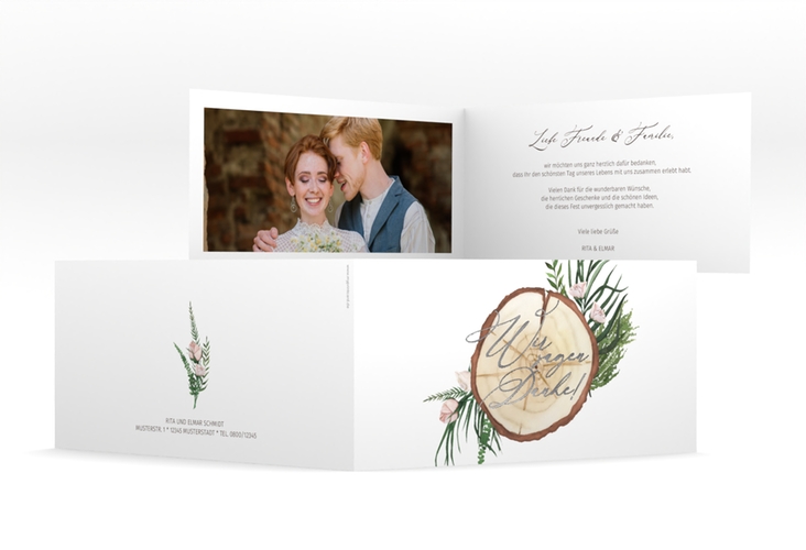 Dankeskarte Hochzeit Woodland lange Klappkarte quer weiss silber