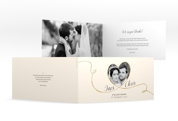 Danksagung Hochzeit Dolce lange Klappkarte quer beige gold