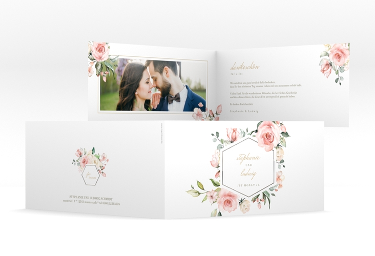 Danksagungskarte Hochzeit Graceful lange Klappkarte quer weiss silber mit Rosenblüten in Rosa und Weiß