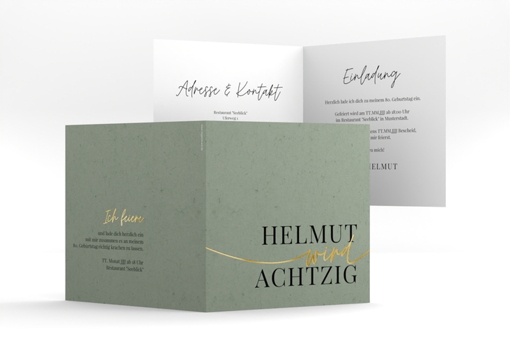 Einladung 80. Geburtstag Einfach quadr. Klappkarte gruen gold