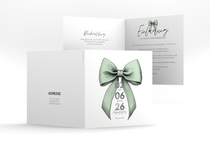 Einladung 50. Geburtstag Geburtstagsschleife quadr. Klappkarte gruen silber