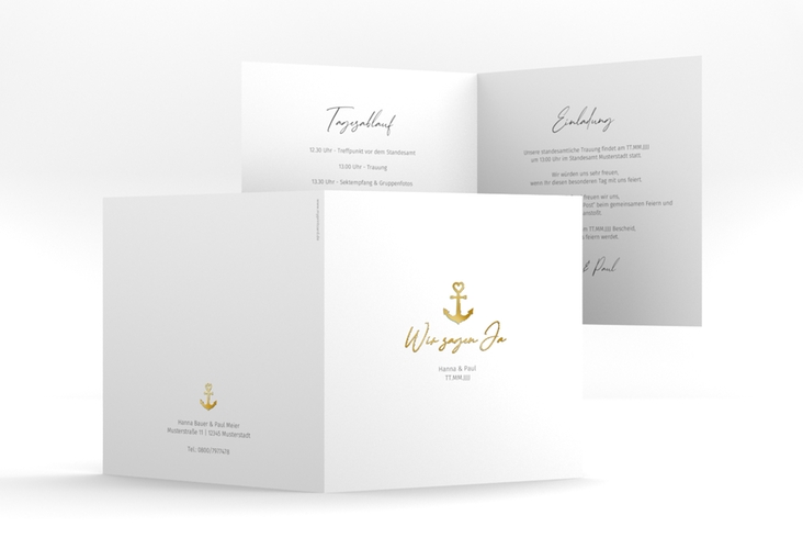 Hochzeitseinladung Ankerliebe quadr. Klappkarte weiss gold im minimalistischen maritimen Design mit Anker