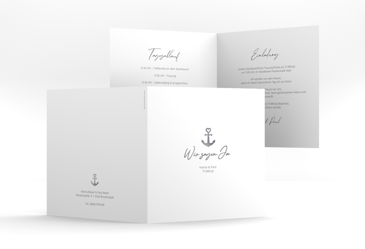Hochzeitseinladung Ankerliebe quadr. Klappkarte weiss silber im minimalistischen maritimen Design mit Anker