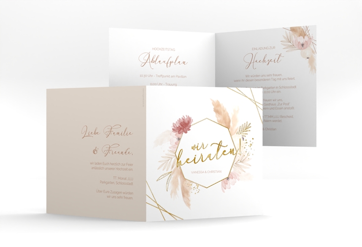 Hochzeitseinladung Bohostyle quadr. Klappkarte beige gold mit Pampasgras in Aquarell