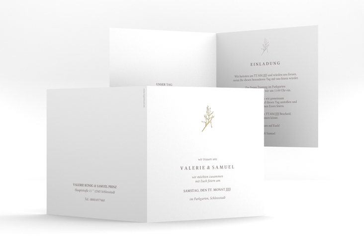Hochzeitseinladung Ivy quadr. Klappkarte weiss gold minimalistisch mit kleiner botanischer Illustration