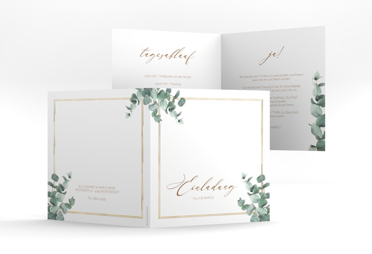 Hochzeitseinladung Eucalypt quadr. Klappkarte weiss gold mit Eukalyptus und edlem Rahmen