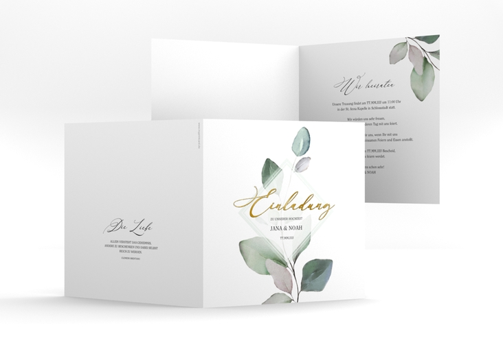 Hochzeitseinladung Foglia quadr. Klappkarte weiss gold edel mit Eukalyptus im Aquarell-Design