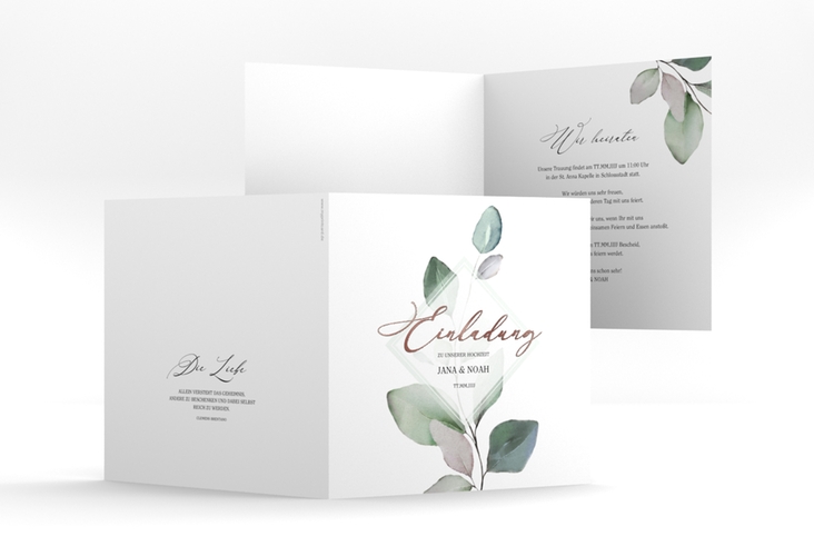 Hochzeitseinladung Foglia quadr. Klappkarte weiss rosegold edel mit Eukalyptus im Aquarell-Design