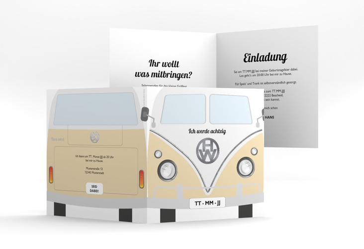 Einladung 80. Geburtstag Bulli Bus quadr. Klappkarte beige silber