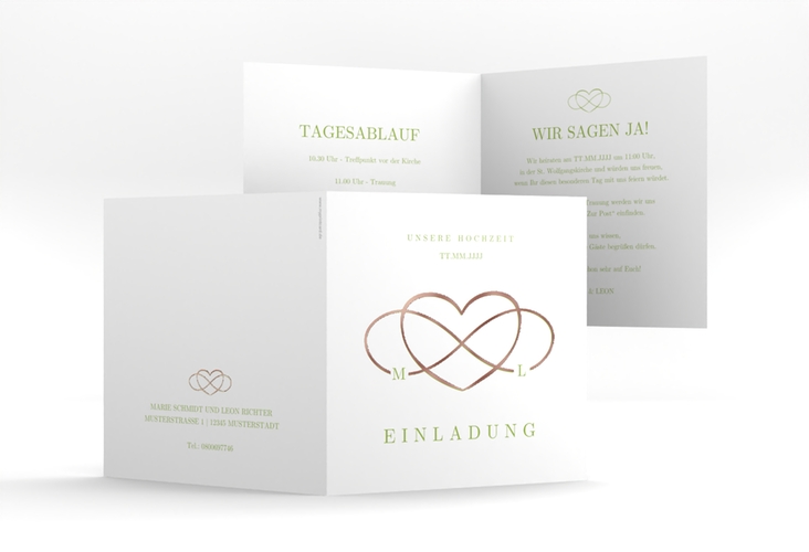 Hochzeitseinladung Infinity quadr. Klappkarte gruen rosegold
