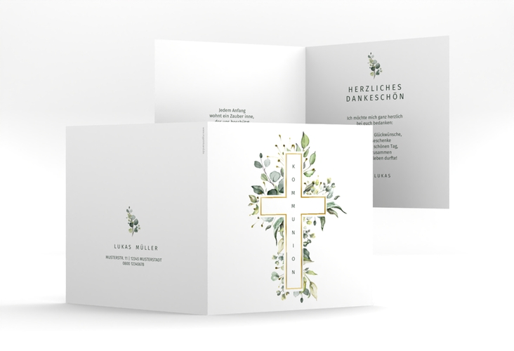 Danksagungskarte Kommunion Verdant quadr. Klappkarte weiss gold