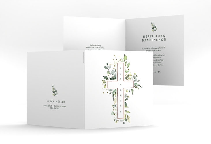 Danksagungskarte Kommunion Verdant quadr. Klappkarte weiss rosegold